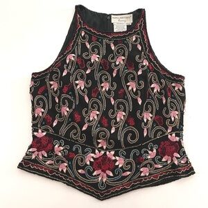 Vintage Papell Boutique Beaded Embroidered Floral Silk Tank Top
